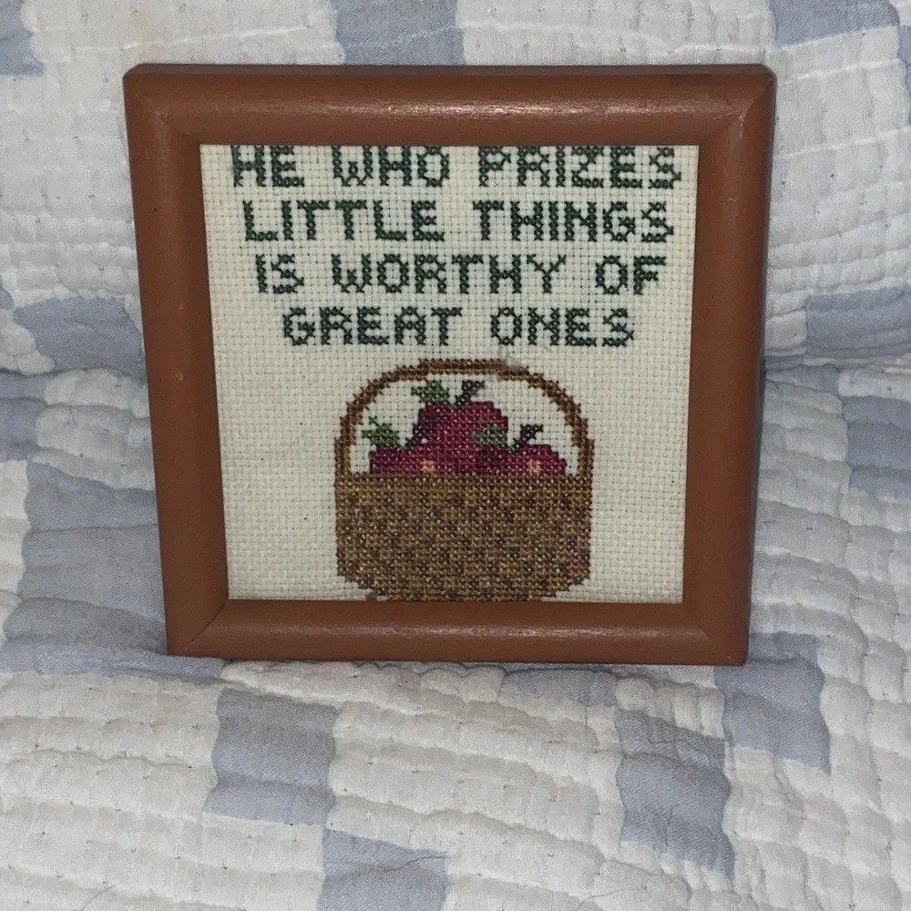 Vintage 80s Counted Cross Stitch Basket Of Apples with quote Framed 5X5